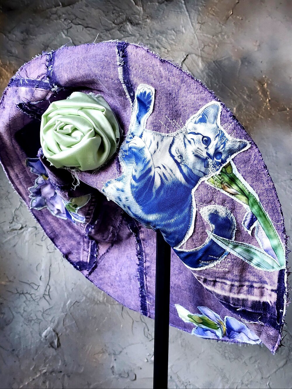 Designer Hat Chic Distressed Avant-garde Bohemian Iris Cat Appliqué Patchwork